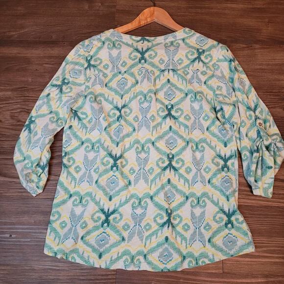 Fresh Produce Womens All Over Print Blouse Top M Blue Green V-Neck Button Cotton - Picture 3 of 7